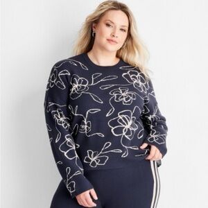 Women’s Crewneck Sweater Navy Blue Floral Lightweight Jacques Knit Long Sleeve